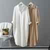 Women's Spring and Autumn Plus Size Medium Length Thin Section Lapel Cotton Linen Solid Colour Long Sleeved Cardigan Shirt