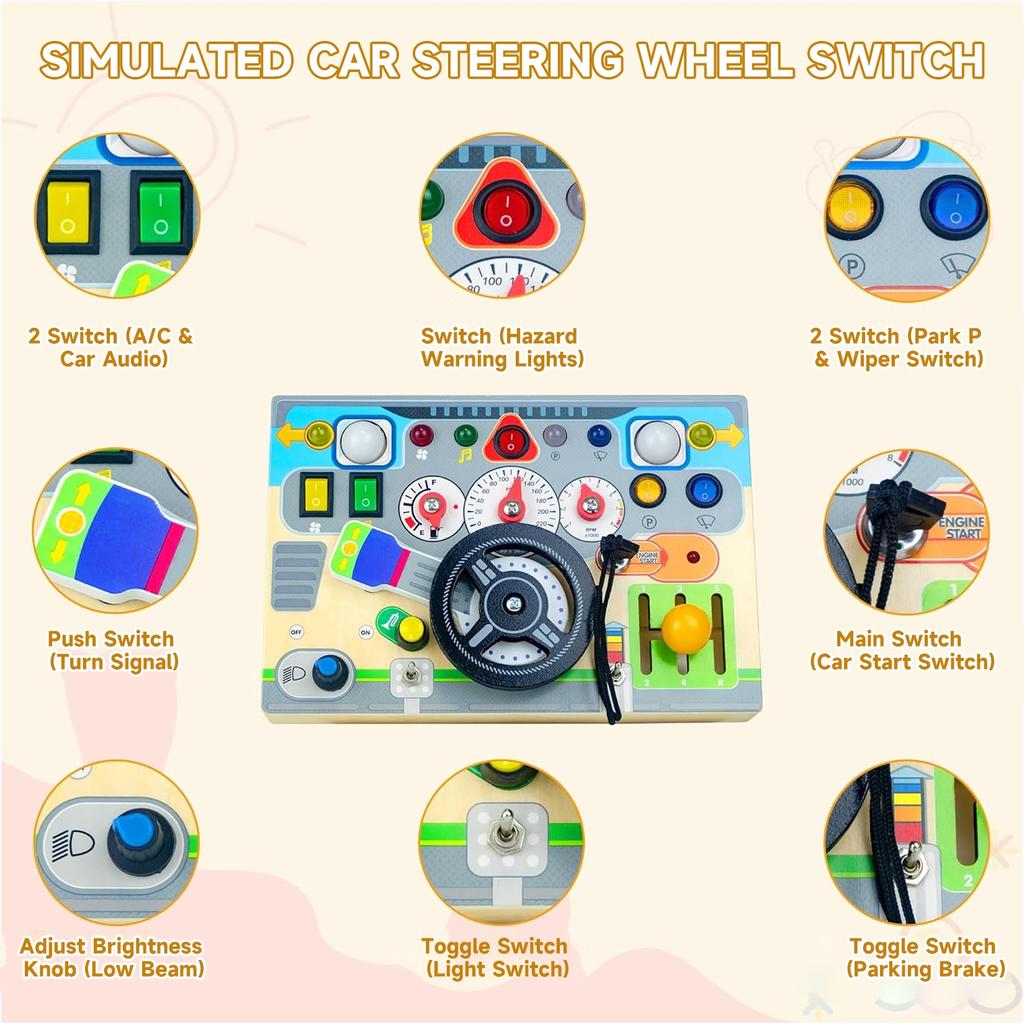 Morovan Montessori Busy Board, Sensorisches Aktivitätsbrett mit Schaltern Knöpfen, Reisespielzeug für Kleinkinder Jungen Mädchen, 21,5x14,5x3cm, Mehrfarbig