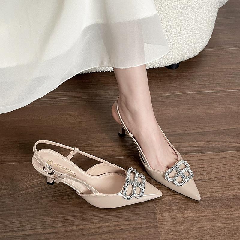 2025 new one-word rhinestone double b-buckle high-heeled single shoes nude patent leather pointed-toed thin-heeled sandals Baotou sandals