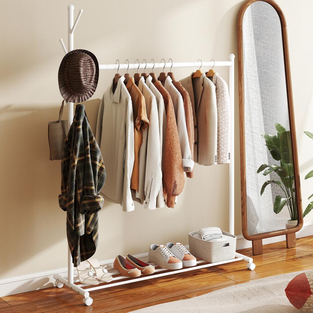 Coat Rack on Wheels with Shoe Shelf and 5 Hooks, 120x43x171cm, White