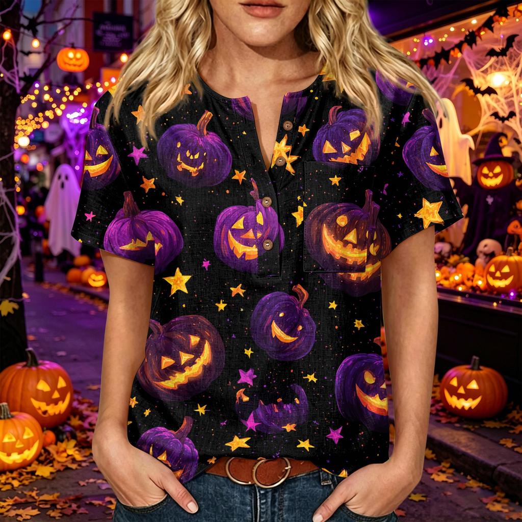 Women's Short Sleeve Cotton Linen Shirt Henley Neck Button Front Chest Pocket Halloween Print Casual Top