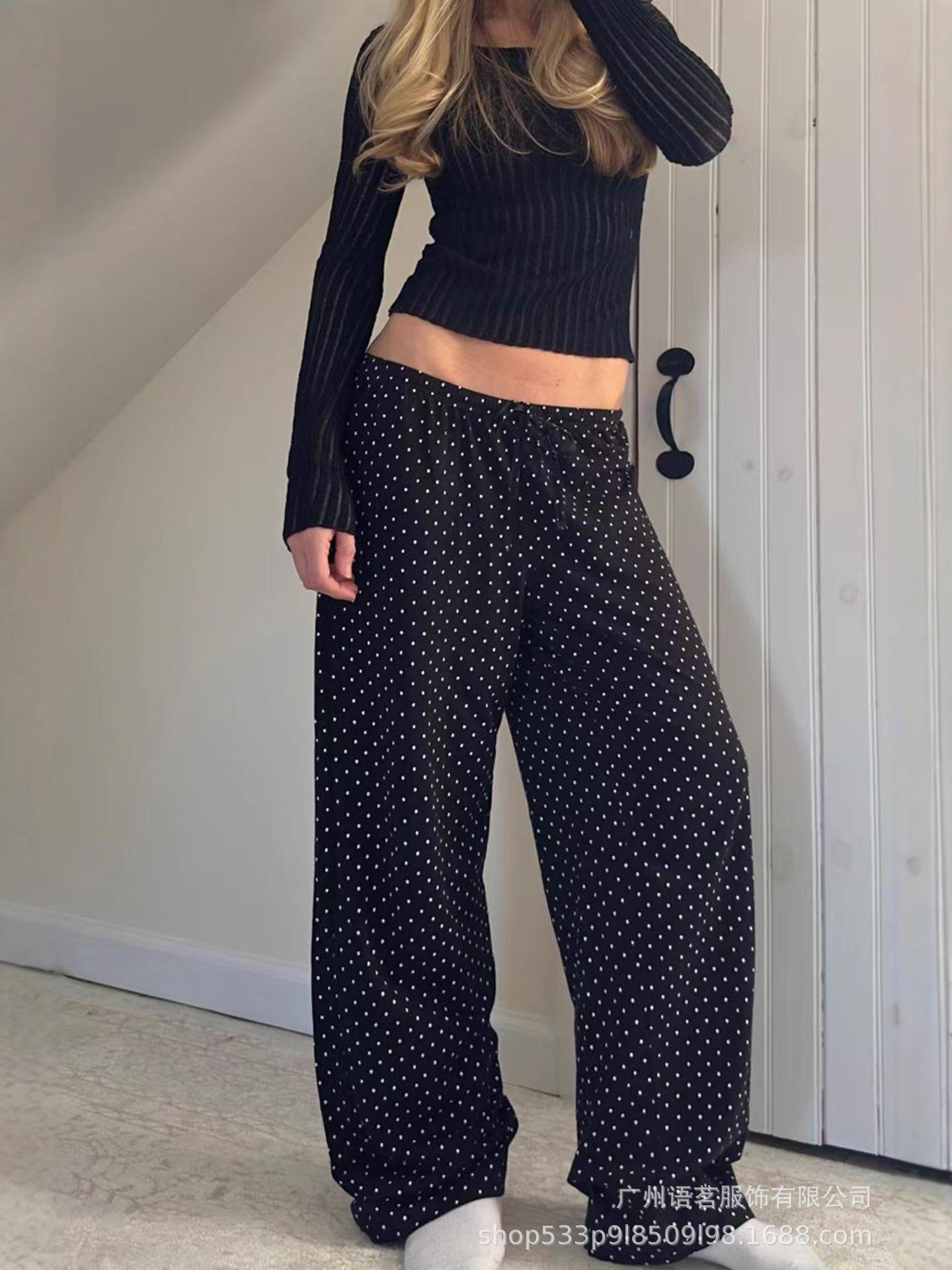 

Retro Polka Dot Loose Wide-Leg Drawstring Pants for Women XL чёрный