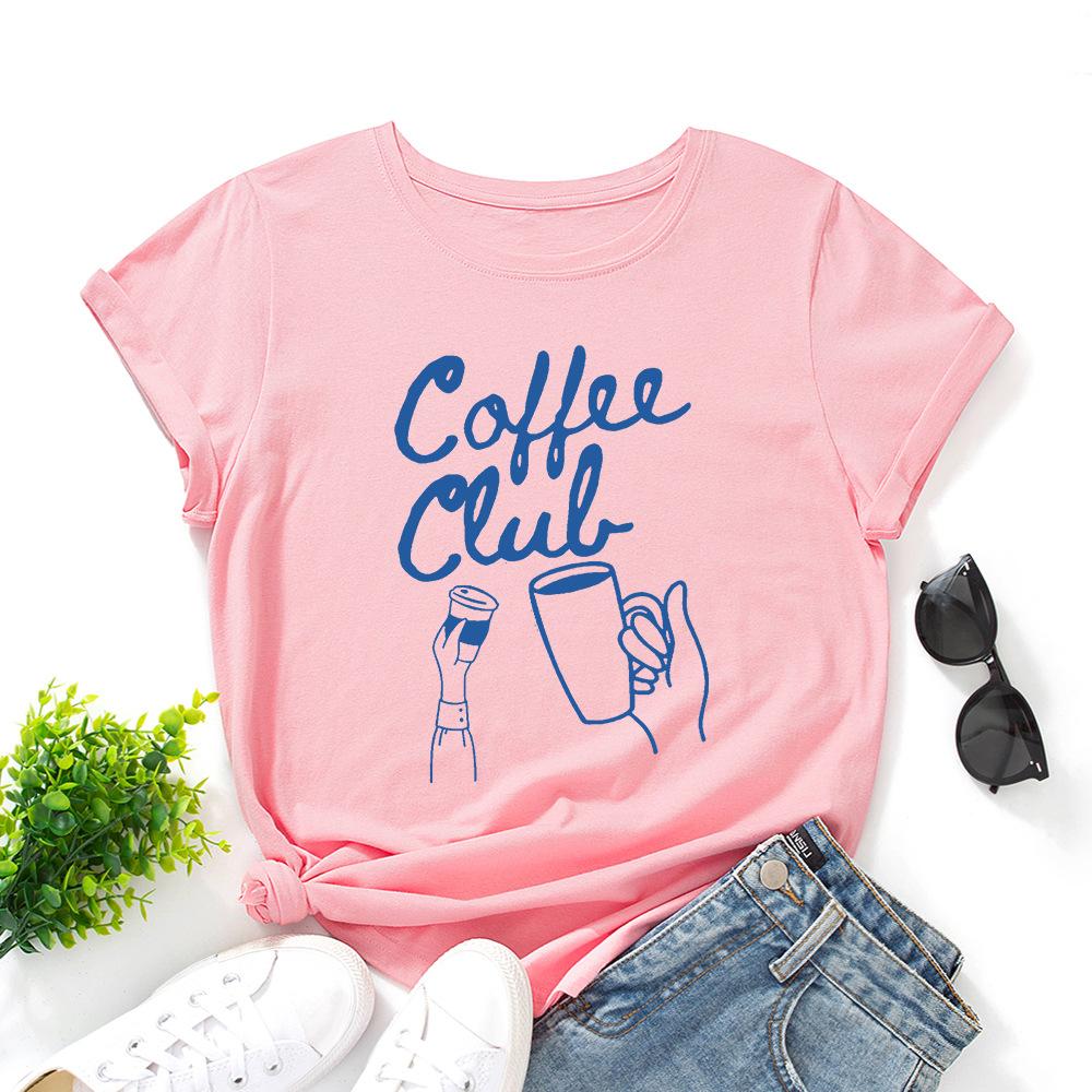 Coffee Alphabet Cotton T-Shirt Short Sleeve Round Neck Women 2d Print Tops