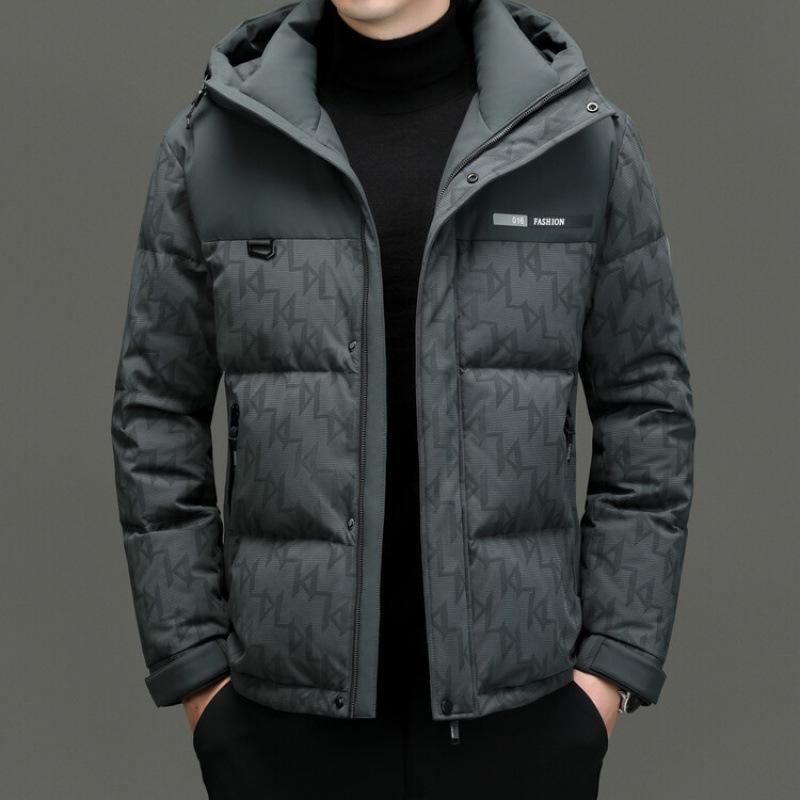 Herren Winter 2025 Kapuzen-Kurzmantel mit Patchwork-Design, gefüllt mit dicker, warmer Entendaune (nicht abnehmbar)