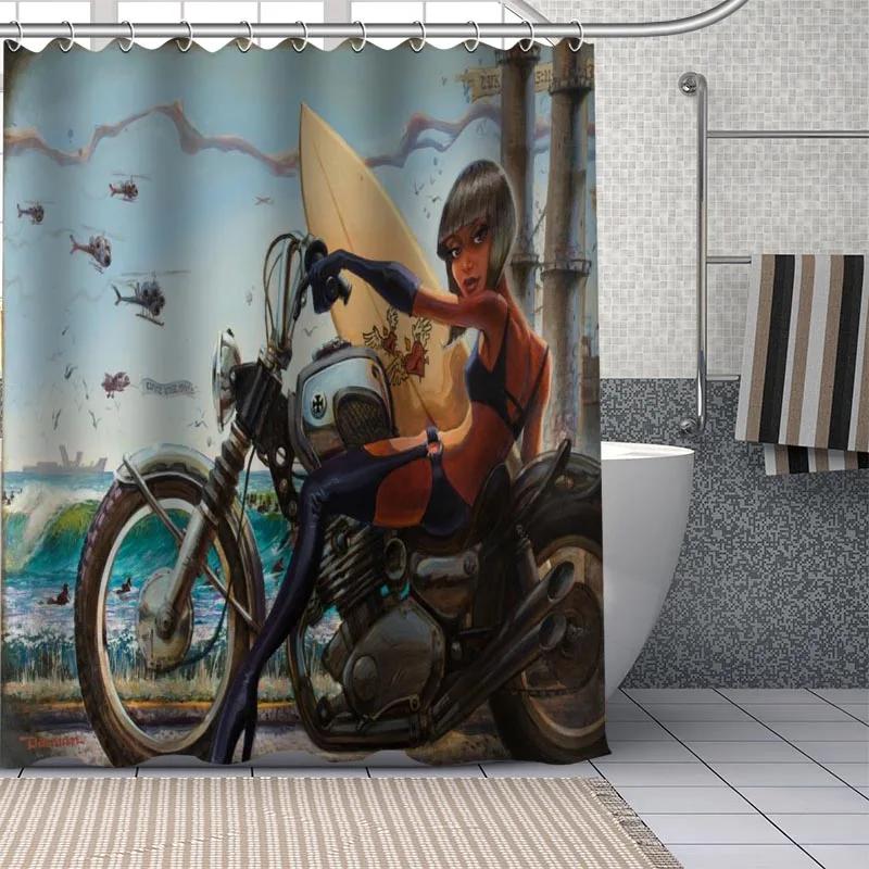 Motorcycle Custom Pattern Polyester Bath Curtain Waterproof Shower Curtains Geometric Bath Screen Printed Curtain For Bathroom