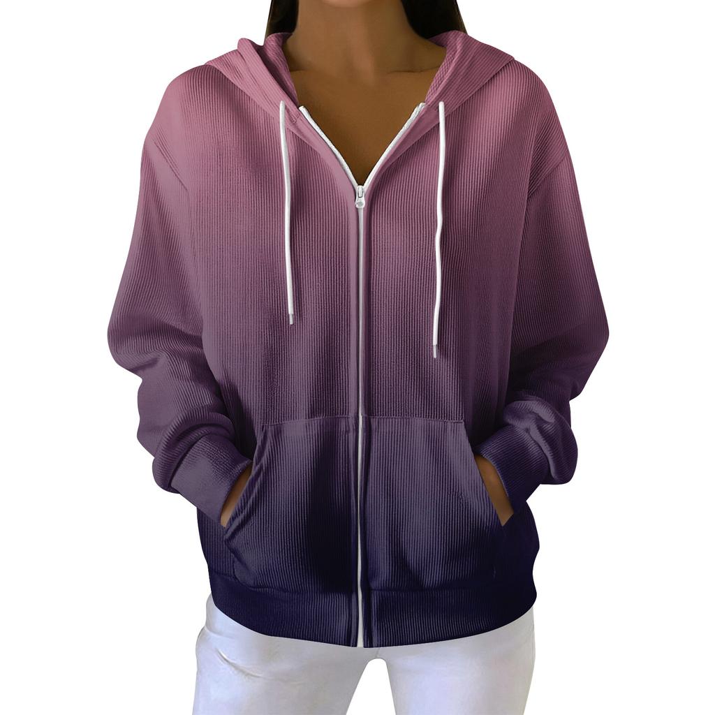 Kvinners avslappet mote langermet strikket hettegenser med glidelås og juleprint