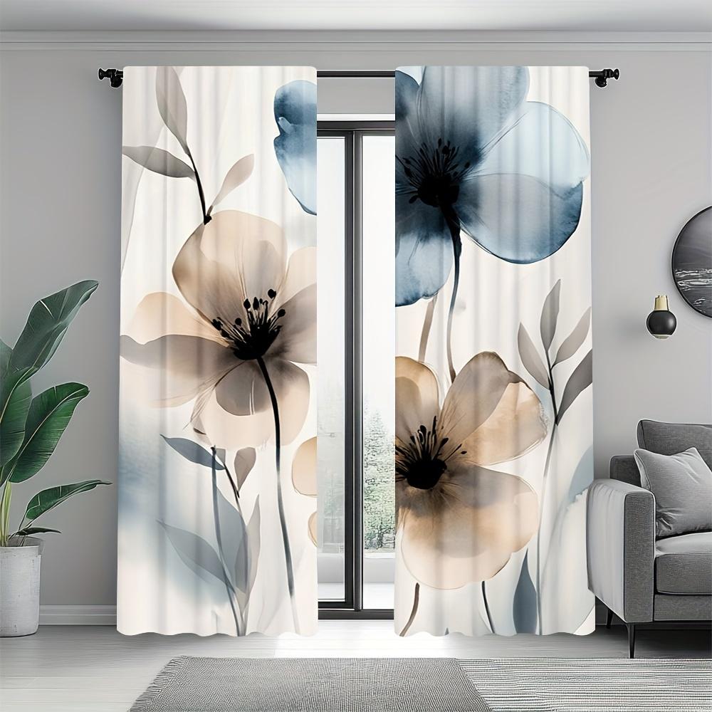 2-Pack Watercolor Floral Print Door Curtains - Polyester Fabric, Machine Washable, Suitable For Bedroom, Kitchen, Living Room