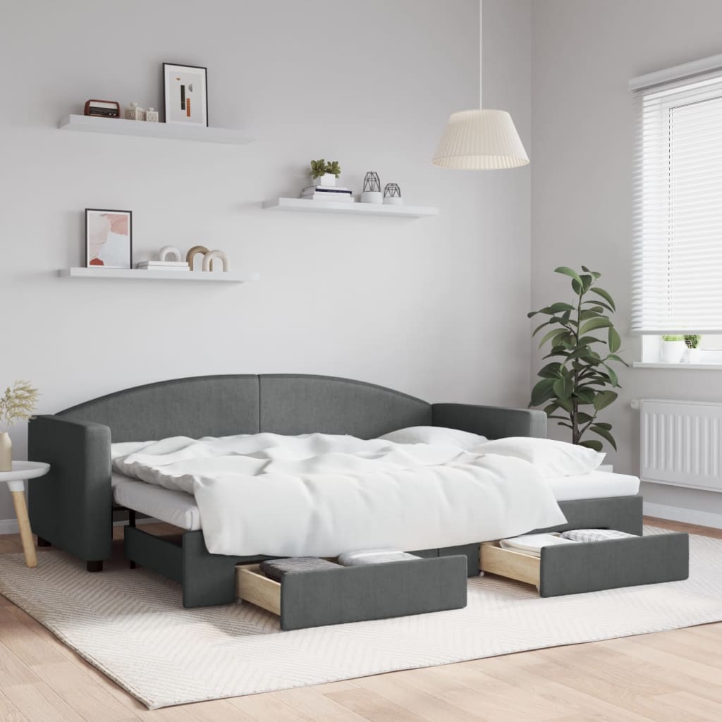 Pull Out Daybed with Drawers Dark Grey 80 X 200 Cm Fabric
