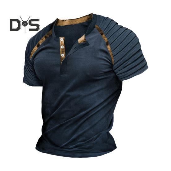 

Мужская летняя футболка с плиссированной пуговицей на плече и круглым вырезом, облегающий пуловер в стиле ретро, ​​эластичный пуловер средней длины, повседневная одежда, повседневный топ M темно-синий