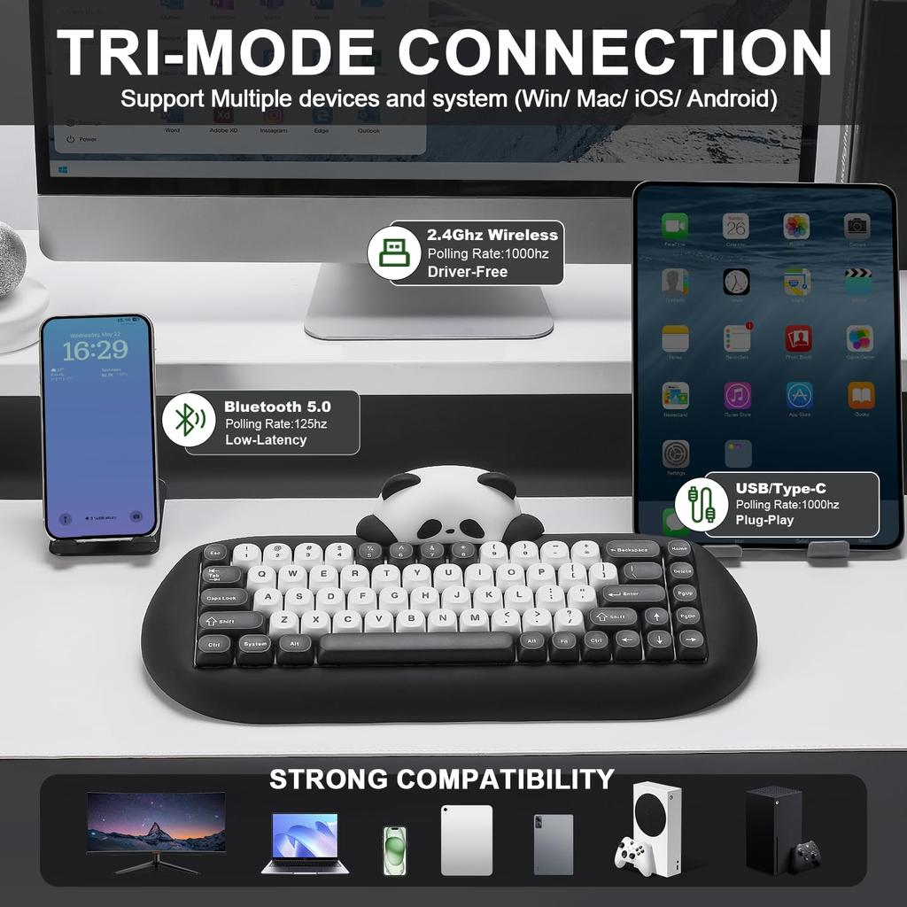 YUNZII C68 Wireless Mechanical Cute Panda Gaming Keyboard with Three RGB for Technical Standards Certification Keyboard, Design, 65% Wireless,