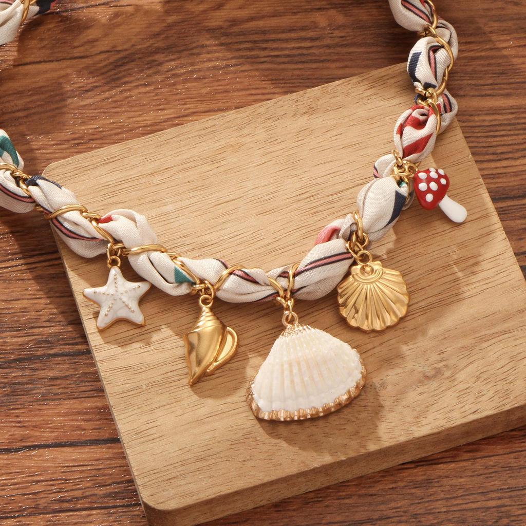 Silk Scarf Wrapped Chain with Starfish, Shell, Conch, and Mushroom Pendants Seaside Necklace