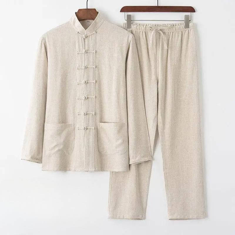 

Men s Cotton Linen Tang Suit Long Sleeve Set Retro Placket Men s Clothing Middle-aged and Elderly Loose Tai Chi Suit XS