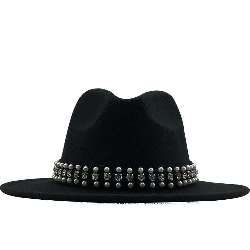 European, American and British Style Retro Fringed Pearl Chain Woolen Felt Hat Wide-brimmed Top Hat Korean Jazz Hat Lady Hat Tide