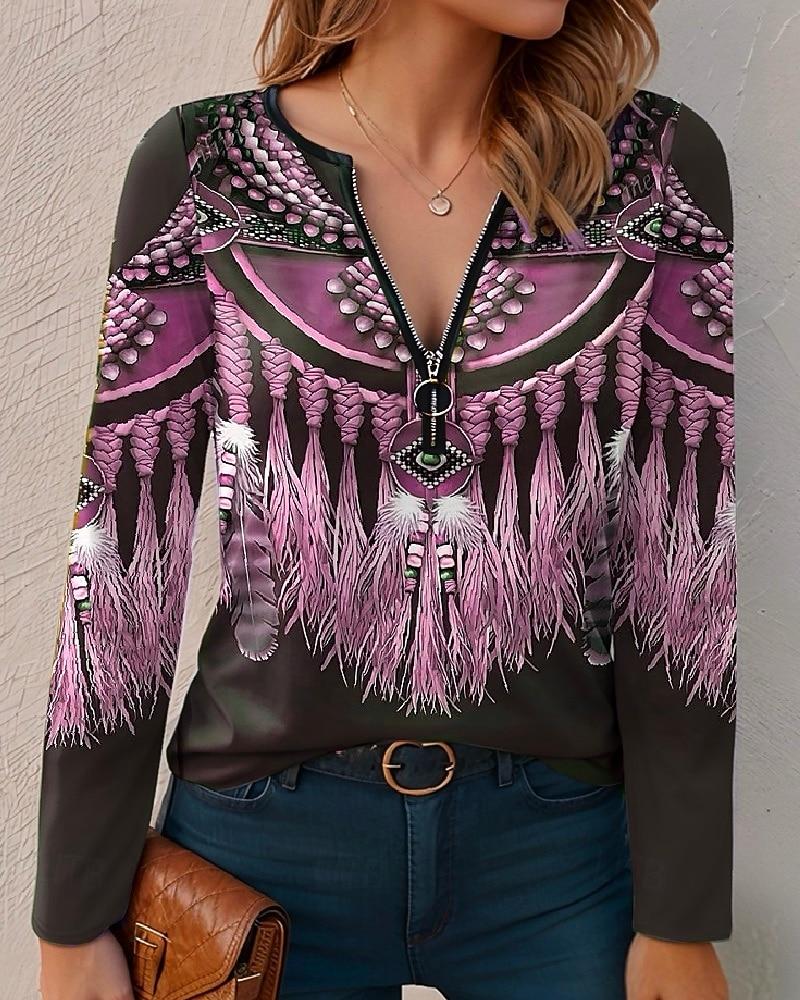 

Женская футболка на молнии до четверти, с длинным рукавом, повседневная, с графическим принтом, V-образным вырезом, обычного кроя, для повседневной носки, розовая, красная, синяя, фиолетовая, зеленая, весна, осень 2XL