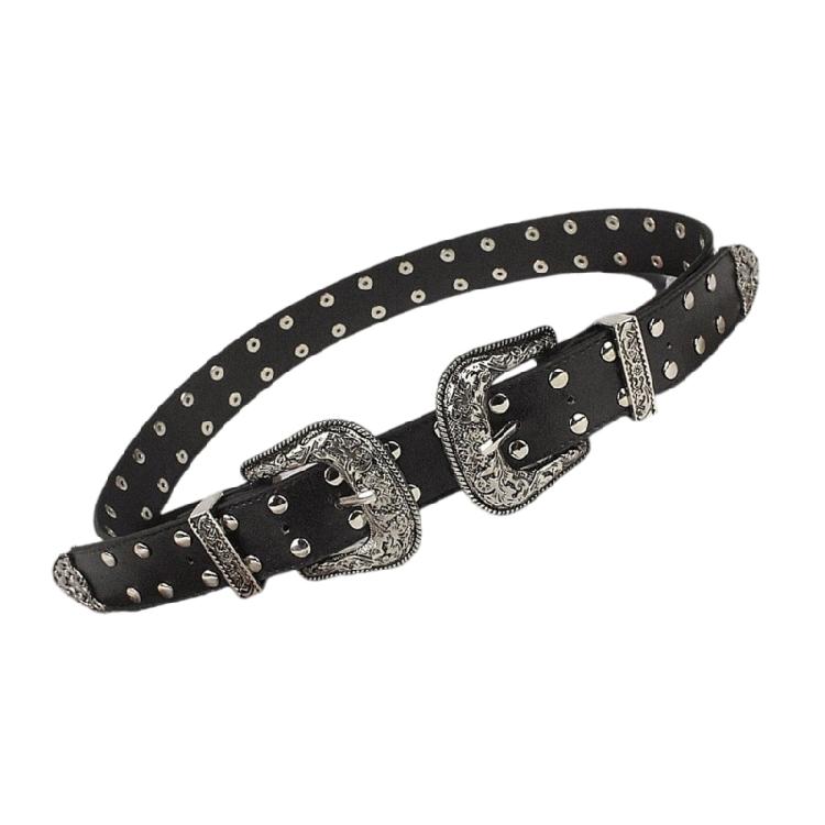Retro Gothic Double Buckles Belt Rivets Studded Retro Punk Style PU Leather For Women