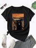 Scared Cat Print Crew Neck Women's T-shirt Casual Short Sleeve Top for Spring & Summer Y2k Top Women's Clothing Y2k Top  Graphic