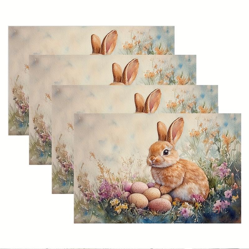 1 Stück Feder Osterhase & Blumig Polyester Platzsets, Maschinenwaschbare Tischmatten, Rechteckig, für Esszimmer & Küche