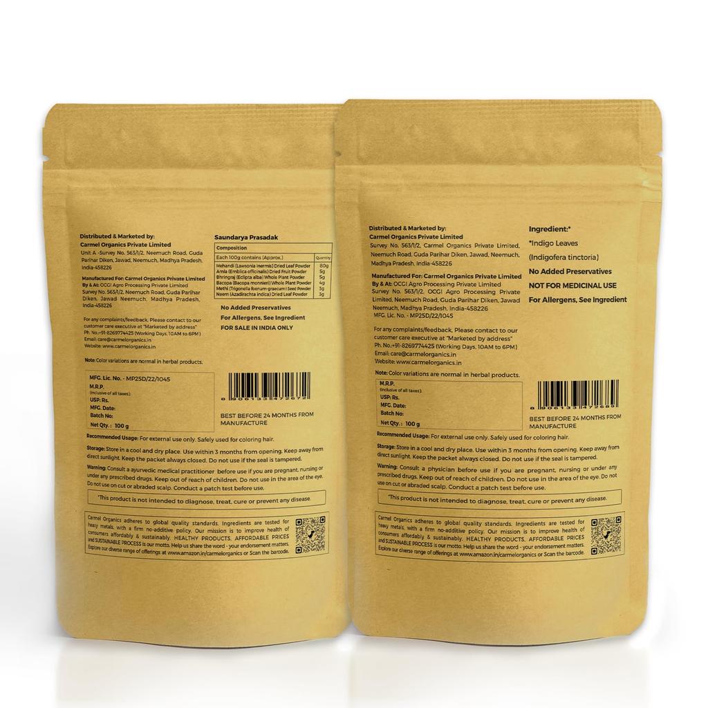 CARMEL ORGANICS Haarfärbemittel Henna & Indigo Blätter Pulver Kombi 100g Jede