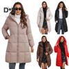 Women Winter Jacket with Hood Thickened Padded Down Coat Slim Waist Zipper Closure Mid Length Windproof Cold Weather Cotton Coat