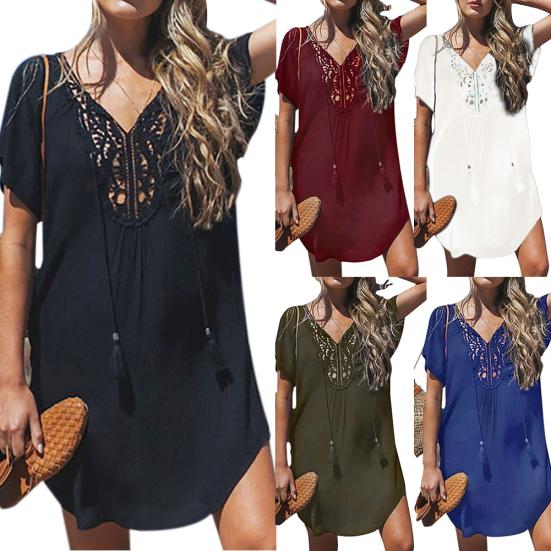 Sommer Strand Damen Unifarben Spitze Nähte V-Ausschnitt Kurzarm Minikleid