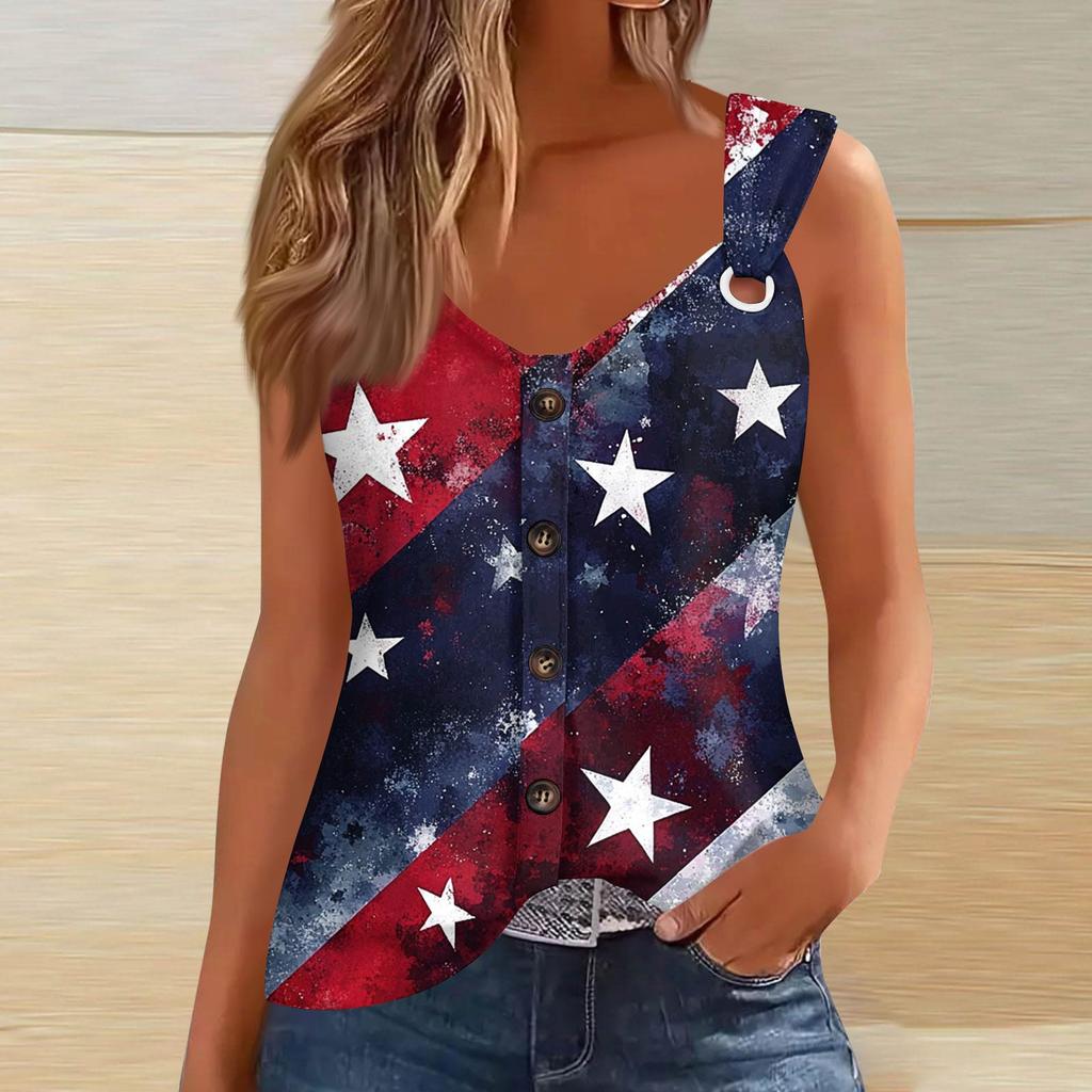 Women's Fashion Casual Loose Sleeveless Buttoned V-Neck Independence Day Printed T-Shirt Top