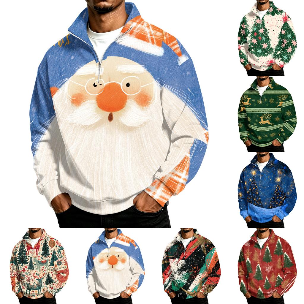 Men's Casual 1/4 Zip Mock Neck Sweatshirt with Christmas Print Pullover