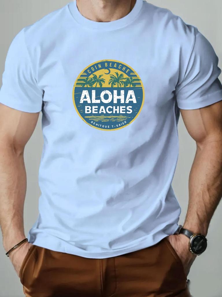 2025 New Hot Sale Mens Summer Short Sleeve TShirt with Aloha Beaches Retro Palm Tree Print Casual Soft Breathable Cotton Tee