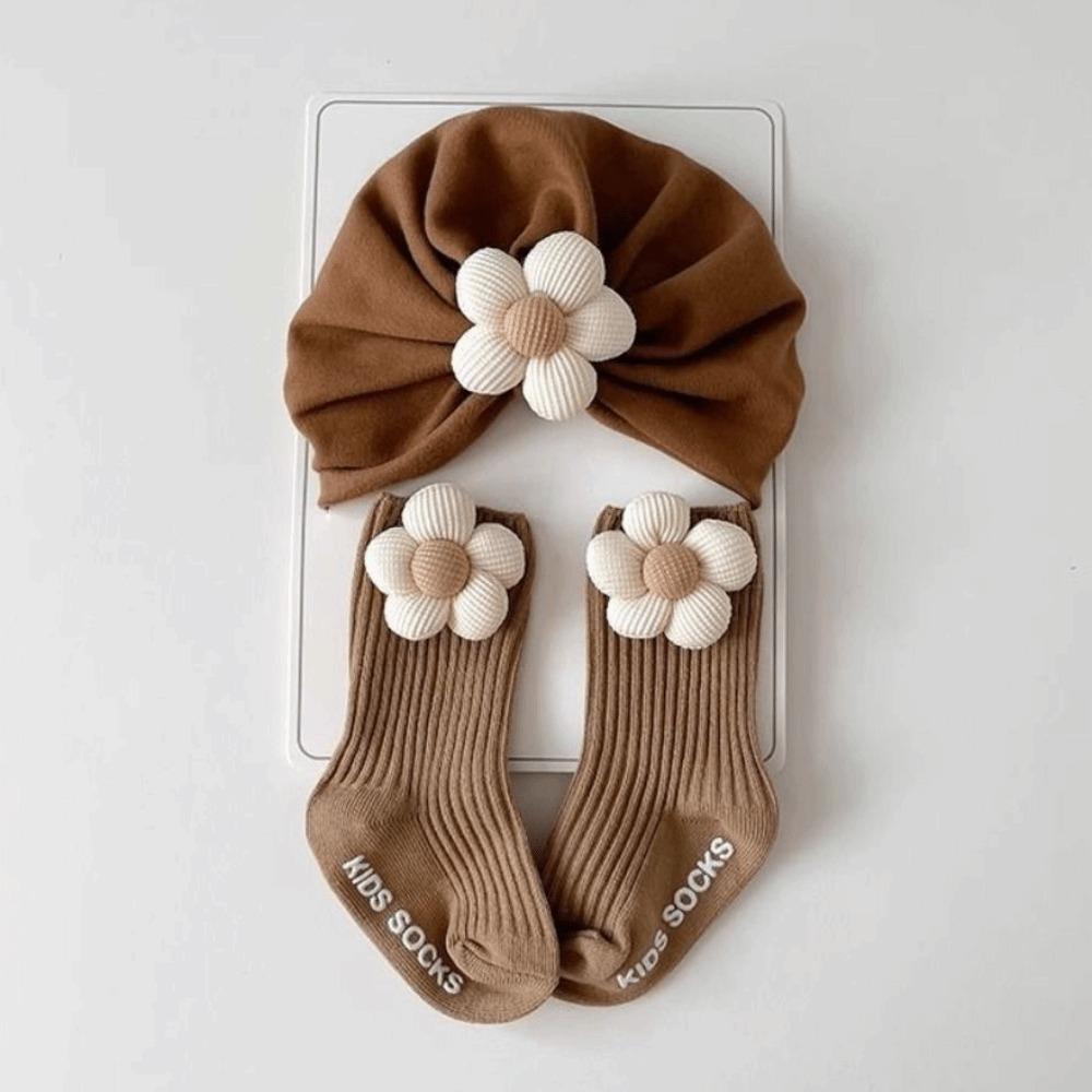 

Дышащая шапочка для новорожденного, набор носков, шапочка с цветочной комбинацией, носки, набор шапочек, для мальчика и девочки кофейный