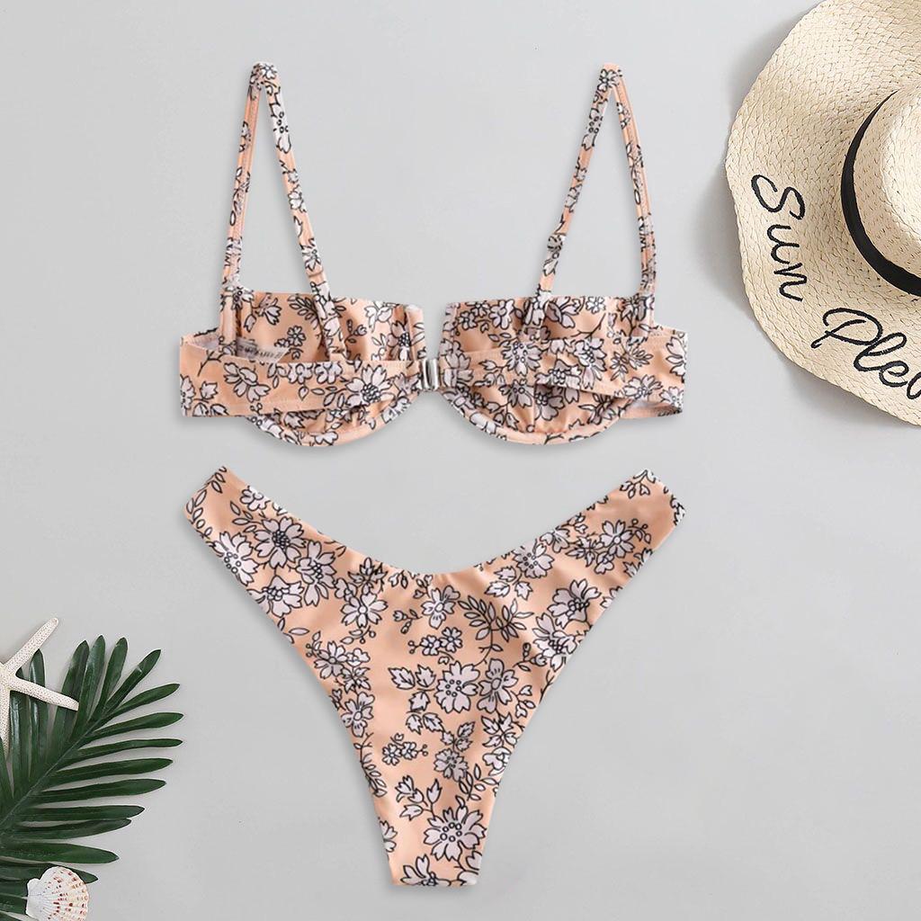 Women Flower Printed High Cut V Wired Bikini Swimwear Swimsuit Beachwear