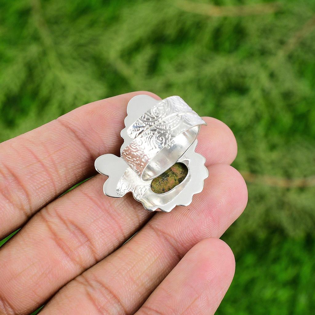 Mothers day Sale Heart Chakra Unakite Gemstone Bezel Daughter Ring 925 Silver