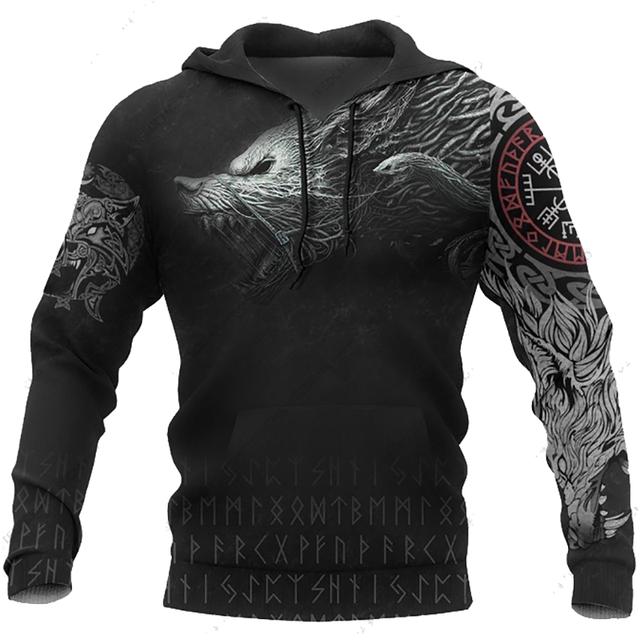 Fashion Spring And Autumn Men's Hoodie Viking Odin Tattoo Pattern Street Harajuku All-match Loose Oversize Hooded Sweatshirt Top