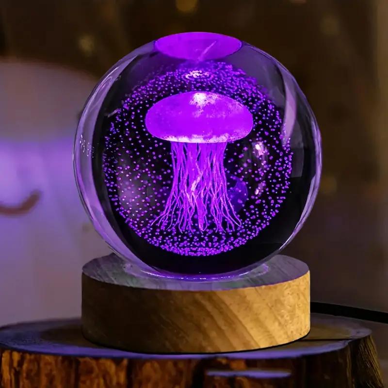 1pc 3D Laser Jellyfish Carved Glass Ball, Nightlight Decoration, Holiday Party, Boyfriend and Girlfriend Wife Birthday Gift
