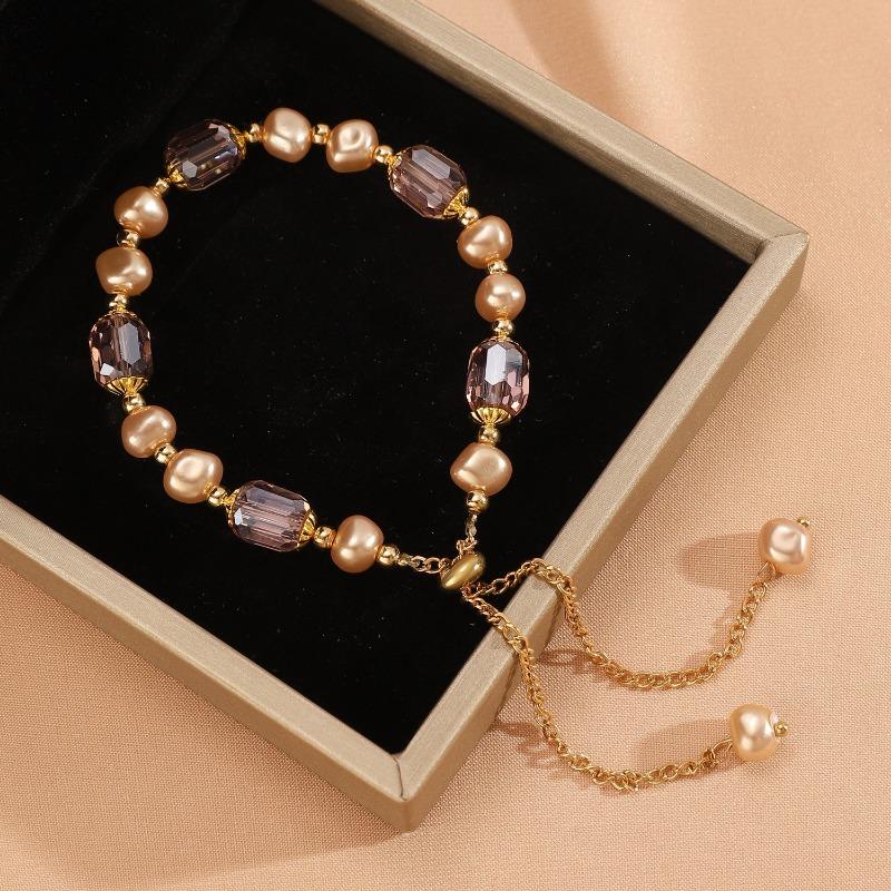 Exquisite Purple Crystal Beaded Adjustable Bracelets  Elegant Pink Imitation Pearl Bracelets Bangle Female Wristband Accessories