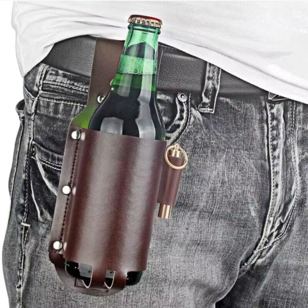 PU Leather Beer Bottle Waist Holster with Pen Holder Portable Beer Belt Bag Waist Hanging Style Leather Cup Belt Bag