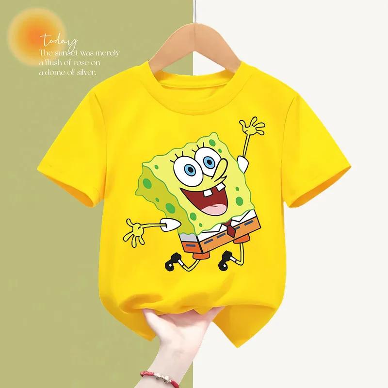 Spongebob Fashion Summer Cotton T-shirt Kids Clothing Cartoon Short-sleeved Sweatshirt Boys Girls Top Kawaii