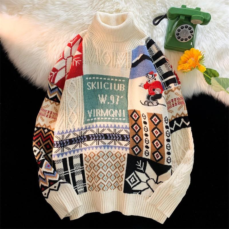 Unisex Vintage High Neck Knit Sweater Loose Fit Retro Pullover Winter Daily Wear
