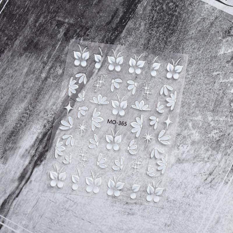 Embossed Semi-Transparent Floral Nail Stickers with 3D White Petals and Adhesive Backing