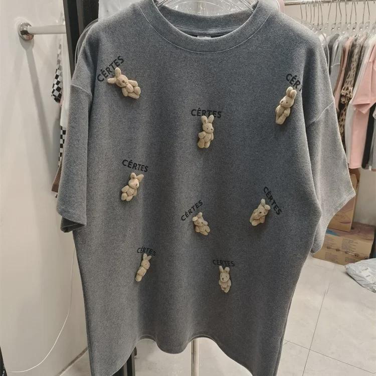 

Футболка с короткими рукавами и принтом «Зимняя 3D Кролик»: Свободный длинный топ в европейском стиле для женщин