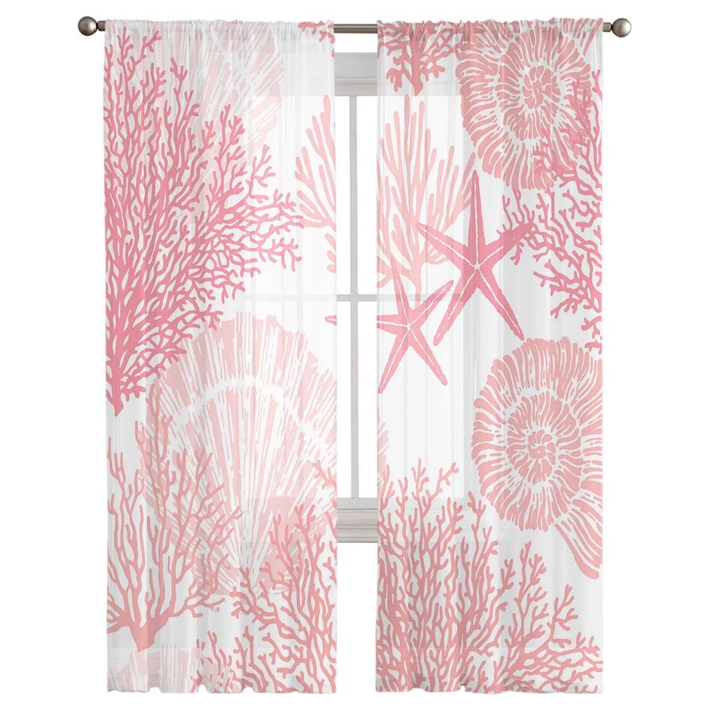 Rosa Ozean Korallen Muschel Seestern Abstrakte Fenster Tüll Vorhänge für Wohnzimmer Küche Home Decor Sheer Voile Vorhänge