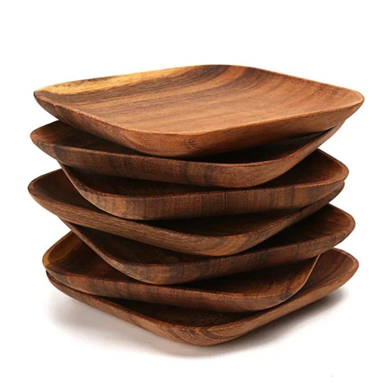 2Pcs Acacia Wood Plates Square Wooden Snack Plate Cake Dessert Fruit Serving Small Sushi Food Dishes Plate Set Wooden Tableware