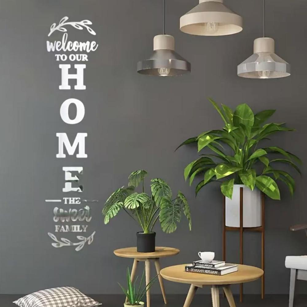 English Letters 3D Mirror Wall Sticker, Self-Adhesive Acrylic Decal, Welcome To Our Home The Sweet Family Combination Home Decor