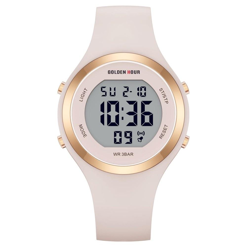 GOLDEN HOUR Waterproof Sports Ladies Digital Chronograph Watch Silicone Strap Rose Gold Starlight Milk White Modern