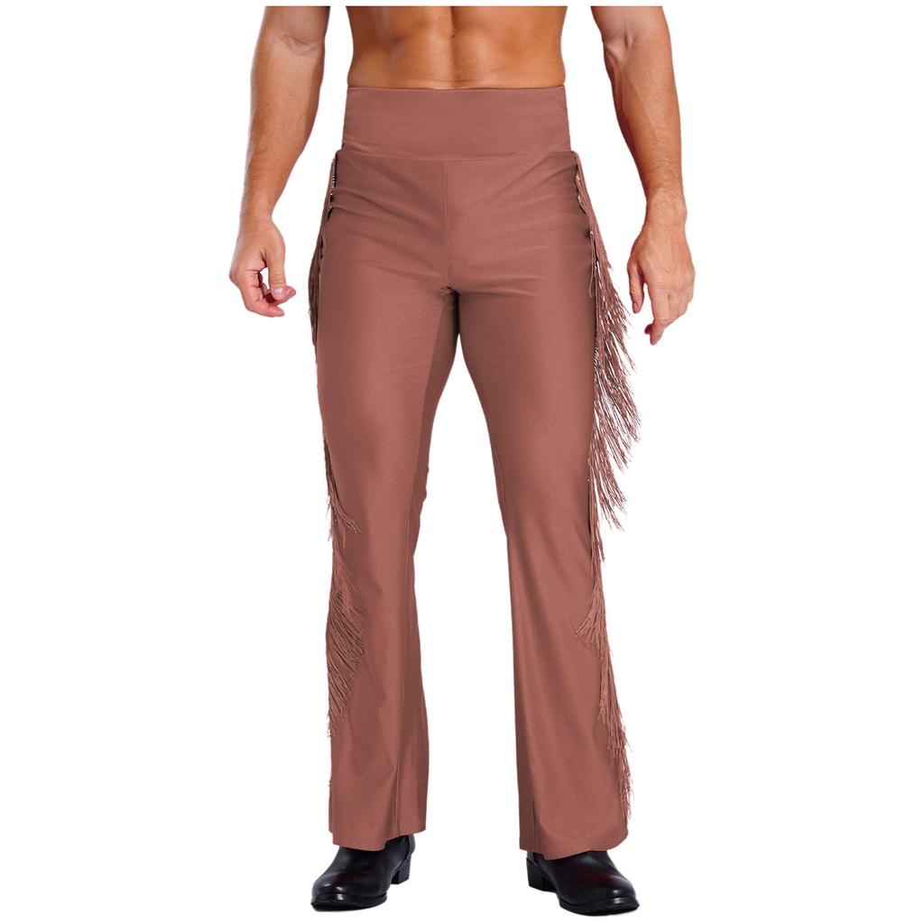 Mens Tassel Flared Pants Vintage High Waist Bell Bottom Trousers Dance Stage Performance
