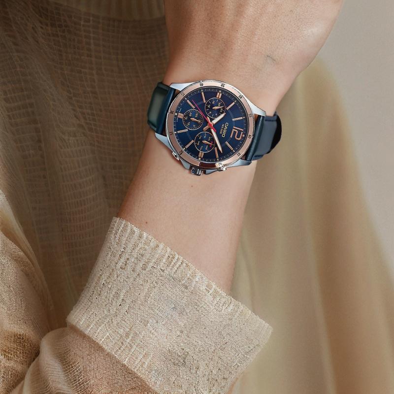 Casio CASIOSTANDARD serie modieuze zakelijke retro casual klassieke drie-wijzer zes-naald blauwe wijzerplaat waterdicht kwartsuurwerk leren band MTP-1374L-2A
