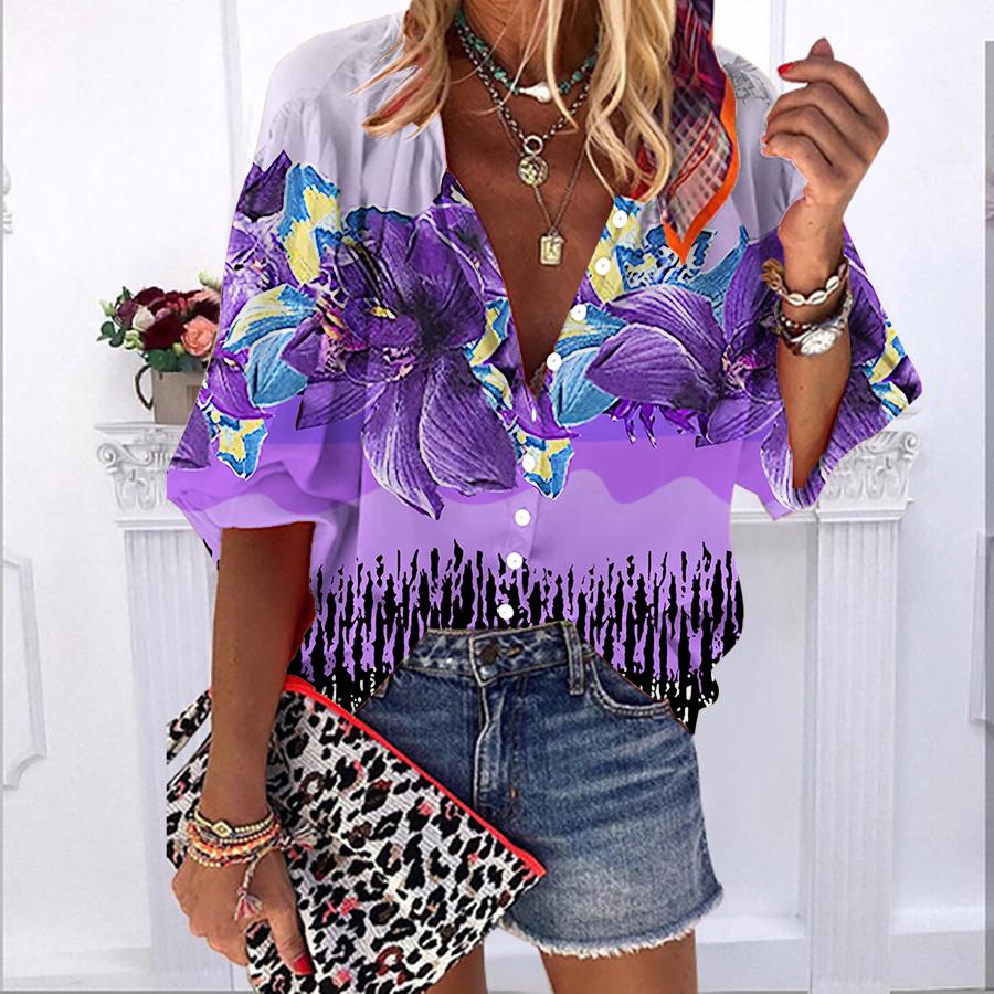 2023 sommer Herbst Neue Mode frauen Tops Schöne Weiße Lotus Blume. Bedrucktes, halblanges, lässiges Button-Down-Hemd in Übergröße mit Ballonärmeln