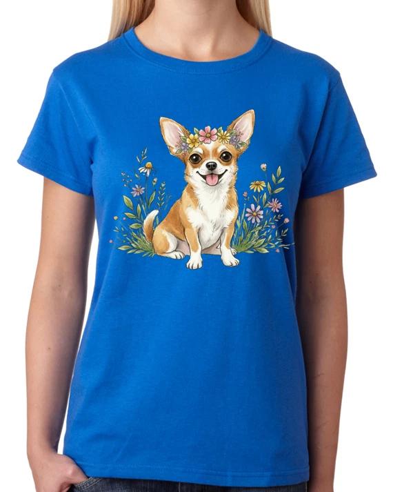 Floral Chihuahua Dog Beautiful Illustration Ladies T-Shirt Cute Puppy Art Tee M