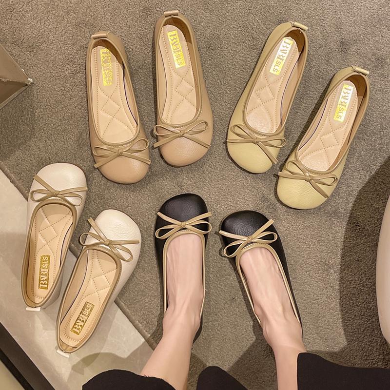 Lucyever Bow Pu Leather Women Ballet Flat Shoes 2024 Comfort Slip on Soft Sole Flats Woman Shallow Mouth Single Shoes Female