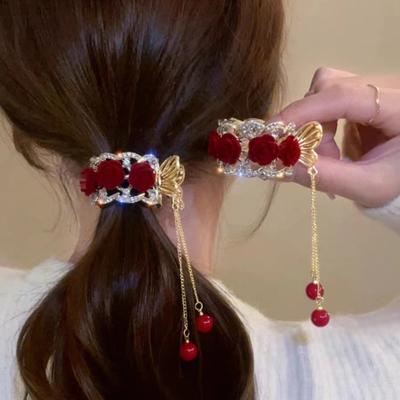 1 Stück Mode Samt Rose Blume Rot Kugel Quaste Kristall Haarspangen Für Frauen Party Haar Pferdeschwanz Halter Haarschmuck