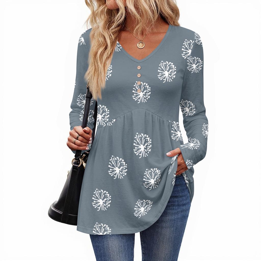 Women's Casual Fashion V-Neck Button Retro Floral Print Long Sleeve Top