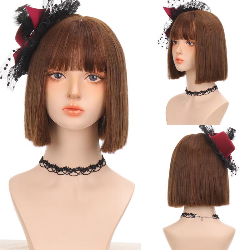 Short Straight Hair Wig Brown BOB Liu Hai Lady Wig High Temperature Resistance
